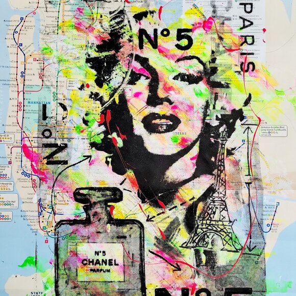 Street Artist Other - 💋Chanel No.5 Marilyn Monroe Handpainted Acrylic Art Painting on NYC Subway Map